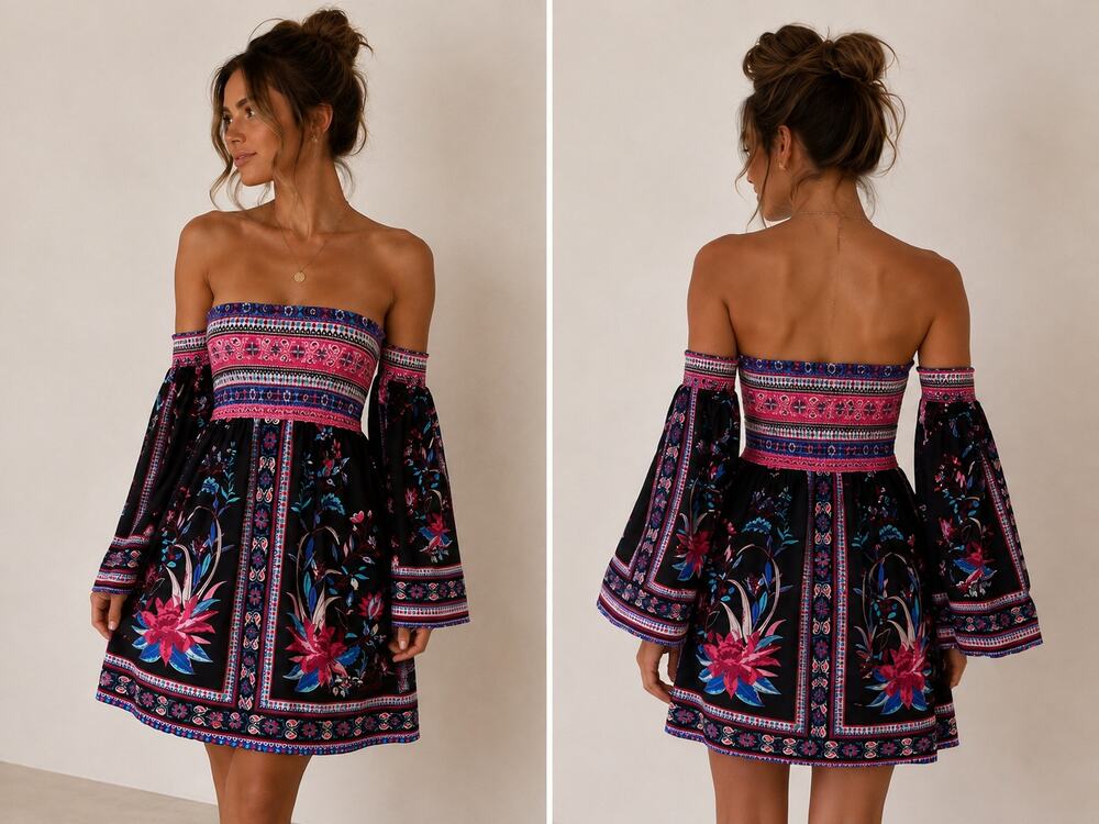 Flying Tomato Boho Off Shoulder Smocked Bell Sleeve Midi Dress XS Black Pink
